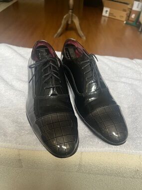 Ted Baker Black Patent Leather Oxfords with Plaid Cap Toe
